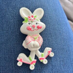 Adorable Cream and Pink Bunny Roller Skates Toy brooch